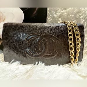 🔥CHANEL Chocolate Brown Caviar Buttery Leather Timeless Wallet with Chain EUC!